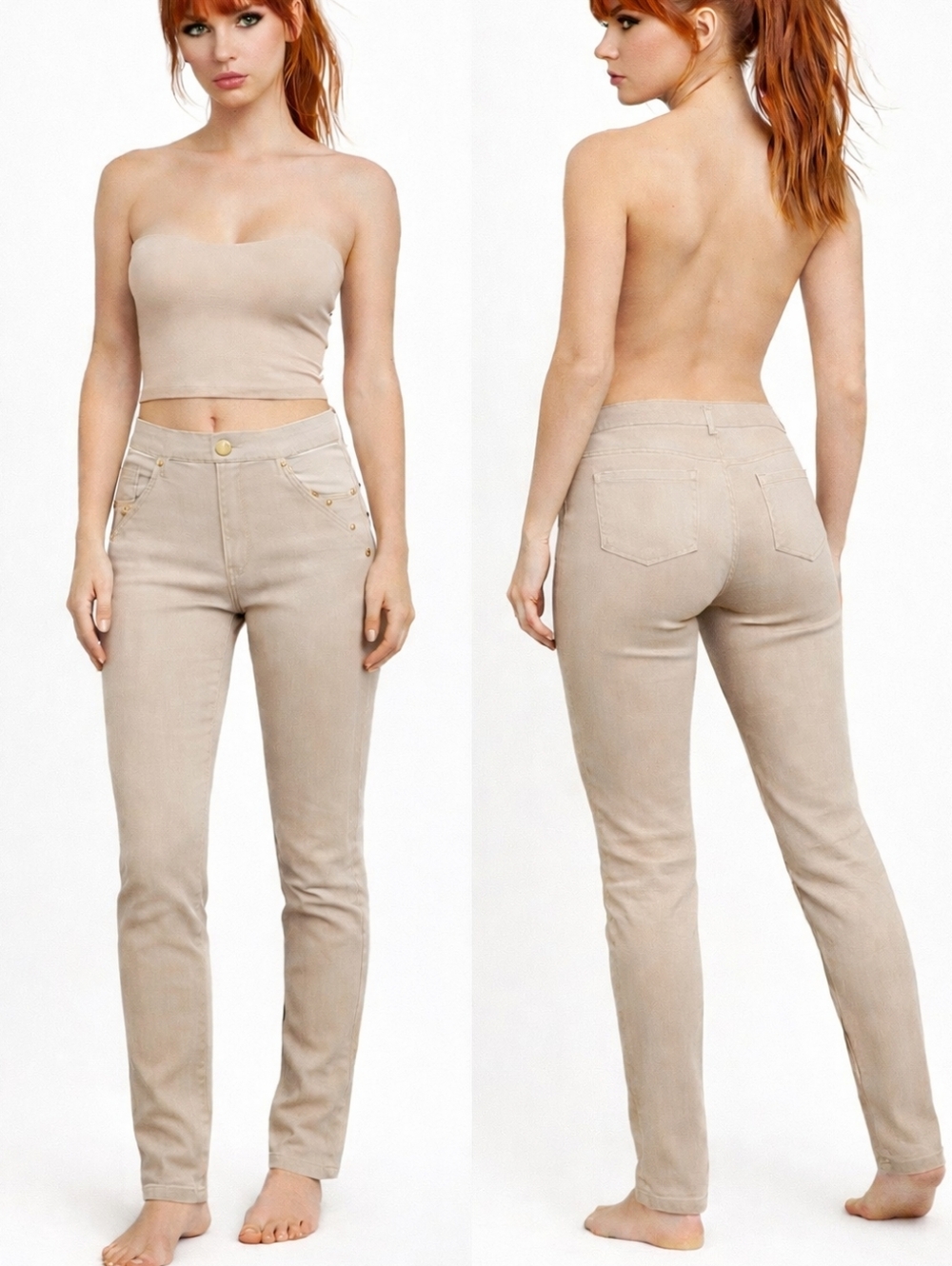 Nwt Y2K Dereon High-Rise Skinny Pants – Sand Gold tone Hrdwr Fleur De Lis sz S/M
